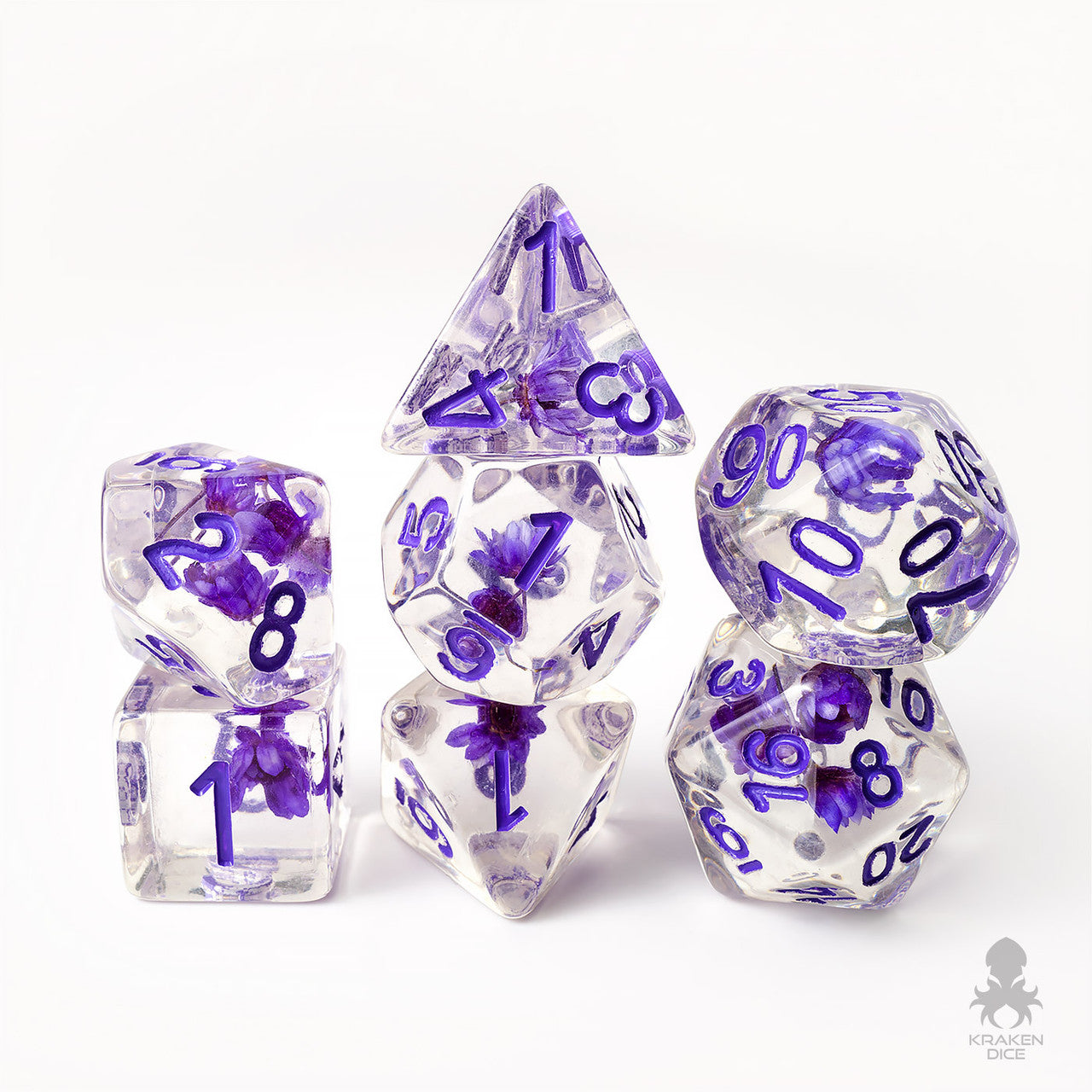 Purple Flowers with Purple Ink 7pc Polyhedral Dice Set